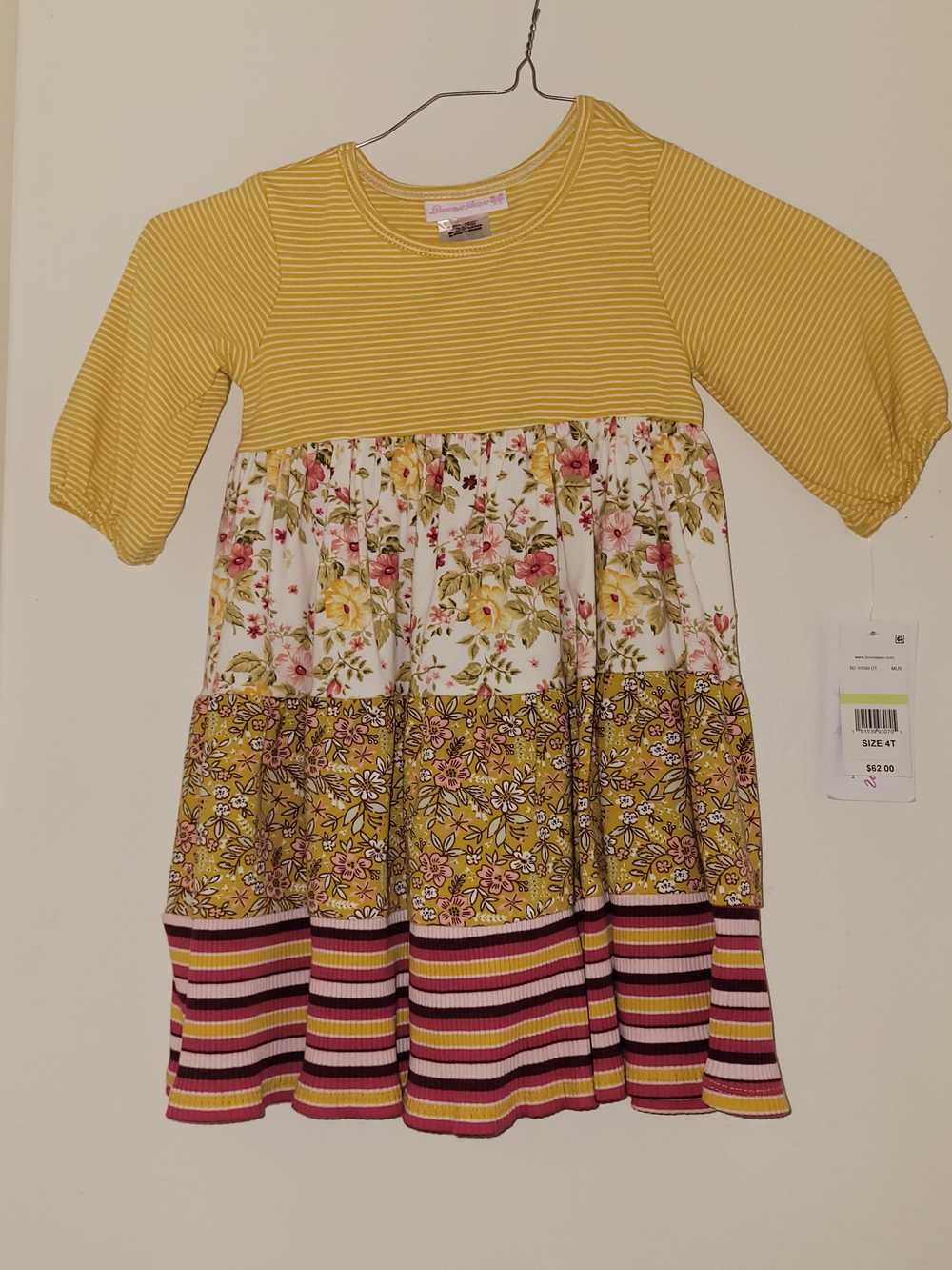 Bonnie Jean Yellow Floral & Stripe Tiered Dress